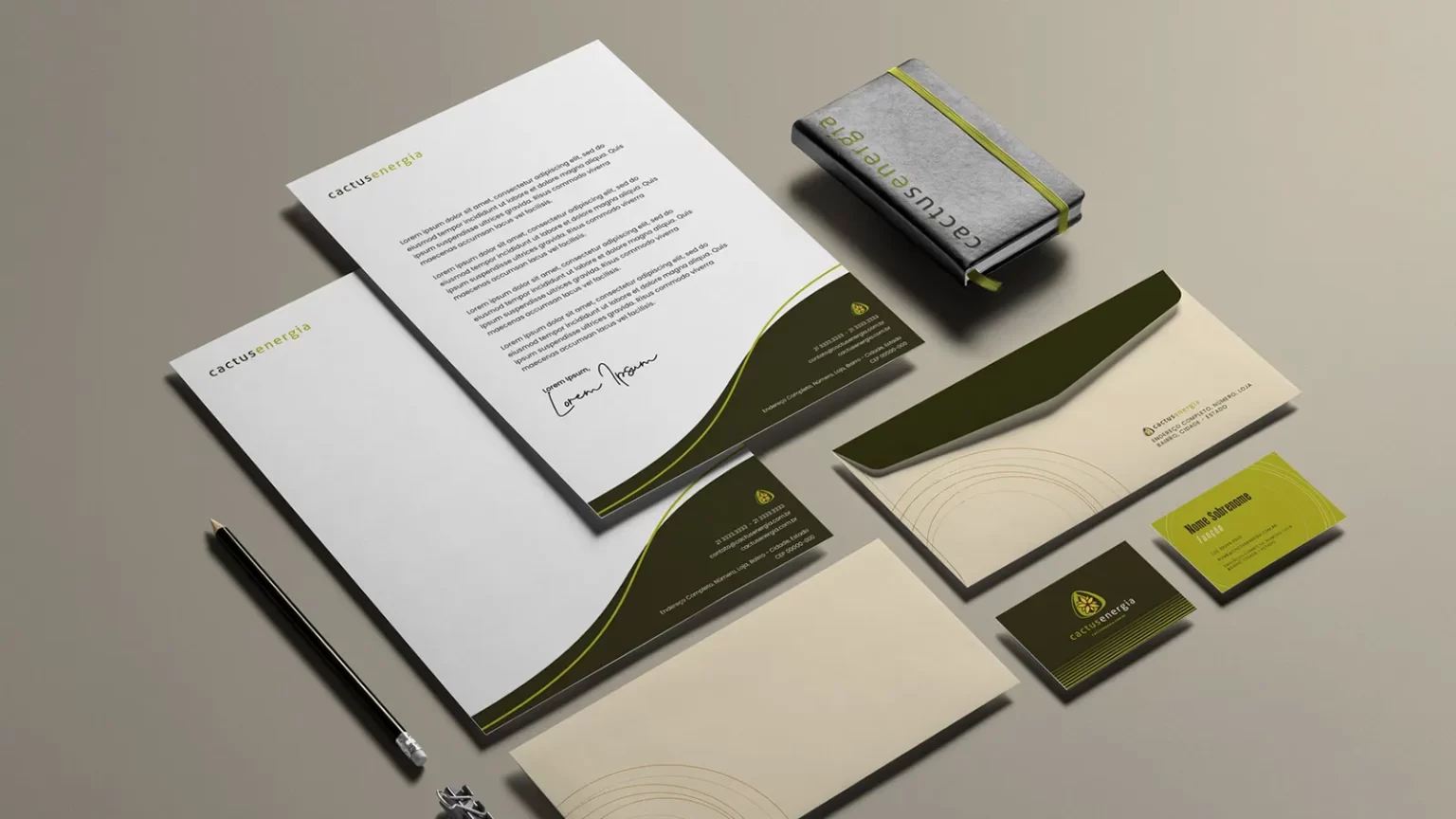 An image of branding collaterals for Cactus Energy, a energetic efficiency consulting. The materials bring a lot of green and beige.