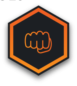 A hexagon icon with a orange gradient and a fist bump icon within the object.