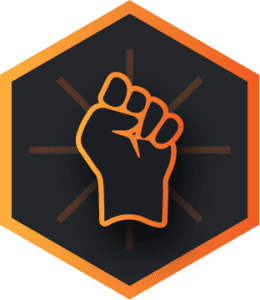 A hexagon icon with a orange gradient and a rising clenched fist icon within the object.