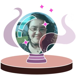 An illustration of a crystal ball with a photo of me (Camila) inside: a white woman with a round face, glasses and a peaceful smile next to a lake, with locks of hair flying. I'm very beautiful. "