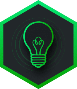 A hexagon icon with a green gradient and a light bulb icon within the object.