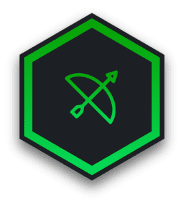 A hexagon icon with a green gradient and a bow and arrow icon within the object.