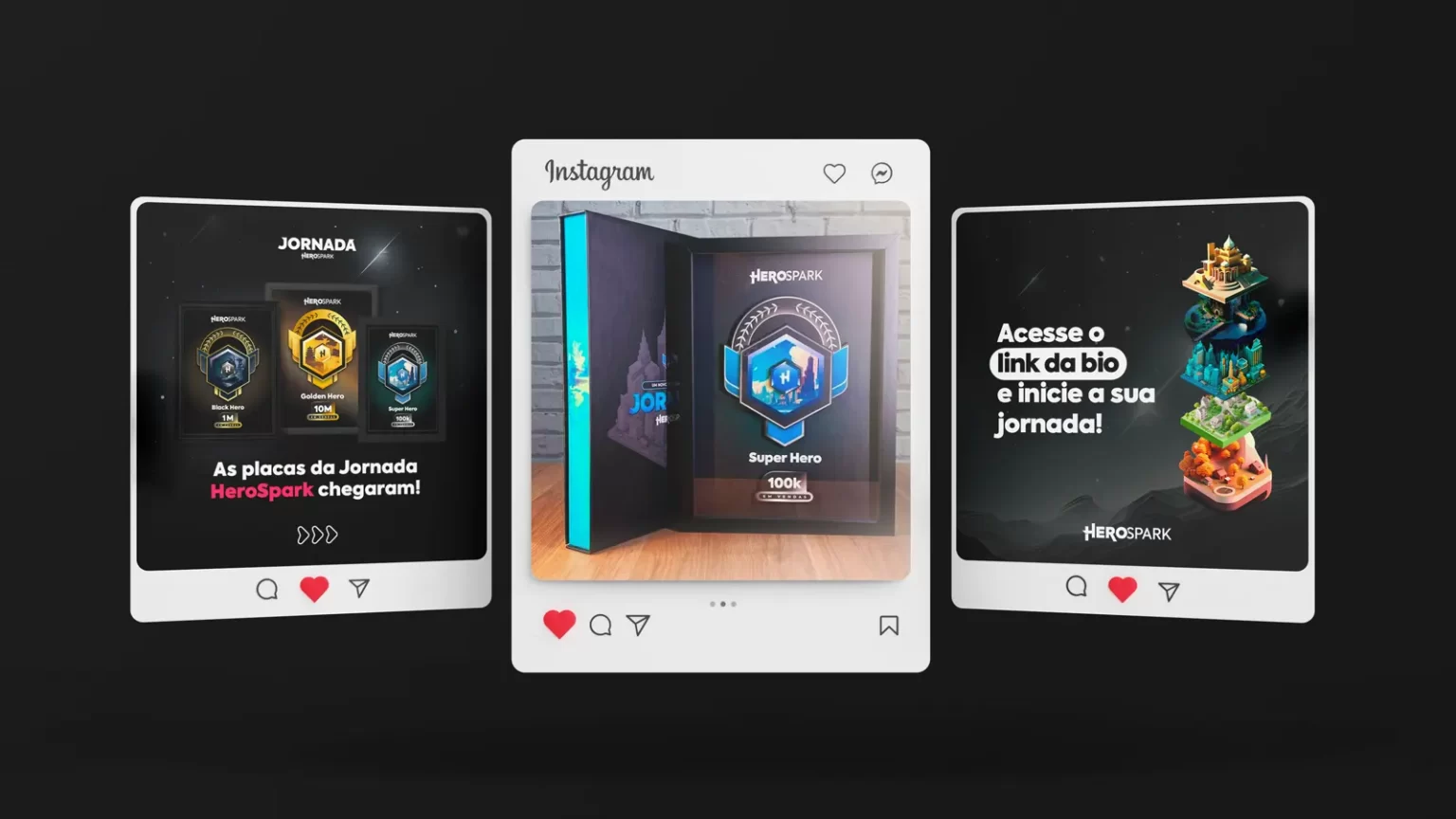 Three Instagram images showing the Herospark Company achievement plaques.