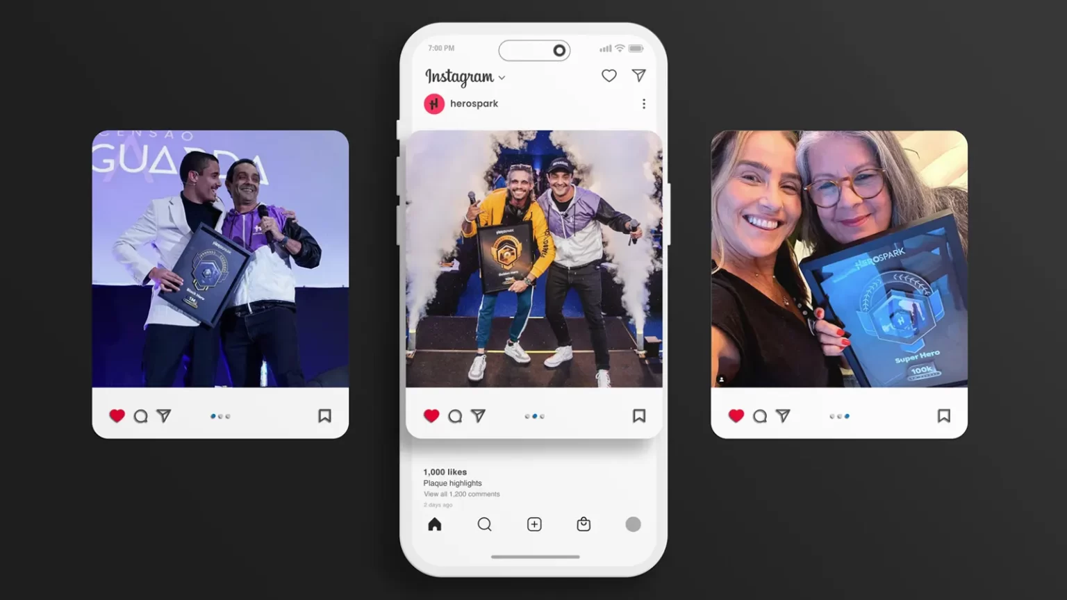 Three instagram photos with people smiling and excited about their achievements. They are all holding the Herospark Company Plaque with their personal goals.