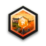 A hexagon with red and orange colors with a picture of a farmhouse inside the objetct. There is a capital letter H icon centered in the image.