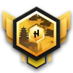 A hexagon with golden colors with a picture of a asian temple inside the objetct. There is a capital letter H icon centered in the image.