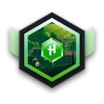 A hexagon with green colors with a picture of a small village inside the objetct. There is a capital letter H icon centered inside the image.