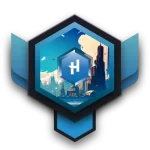 A hexagon with blue colors with a picture of a city inside the objetct. There is a capital letter H icon centered inside the image.