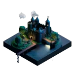 An isometric shape with a castle around a little island in the middle. The castle have some lights on its watchtowers.