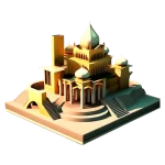 An isometric golden temple bathed by the sun with stairs surrounding it.