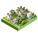 An isometric neighbourhood with trees and parks around it in a green and calm environment.