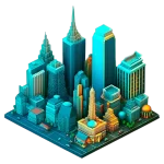 An isometric city with tall buildings colored in a blue palette.