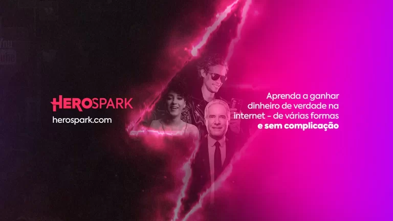 An image of a lightning bold with three black and white pictures of three people inside: a black woman with a confident expression and hair up high; a man with sunglasses and an a leather jacket looking at his cellphone and a senior man in formal suit. Half of the image is dark grey with a HeroSpark logo and the website address below: www.herospark.com. The left side is covered by a vibrant pink and purple gradient, with the words: "Learn how to make real money on the internet - in various ways and without complications."