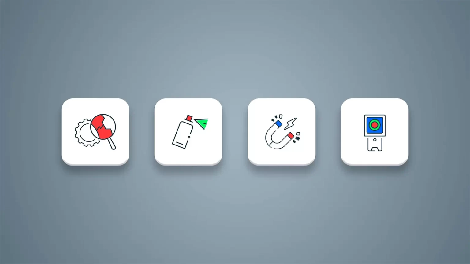 Several icons representing LNDC's main services, inspection, magnetism and heat inspection.