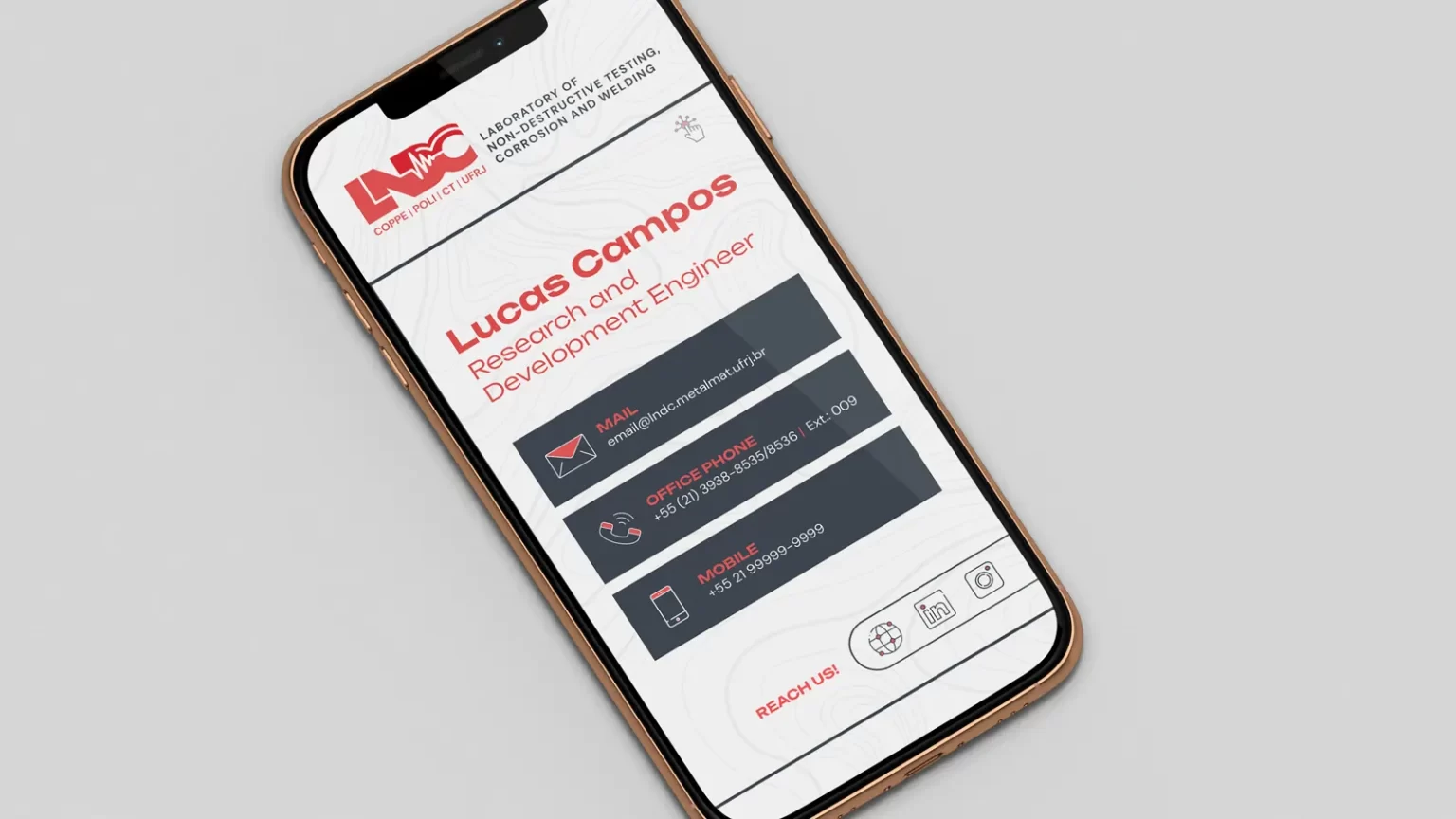 Images of a digital business card, with off-white, navy blue and red elements.