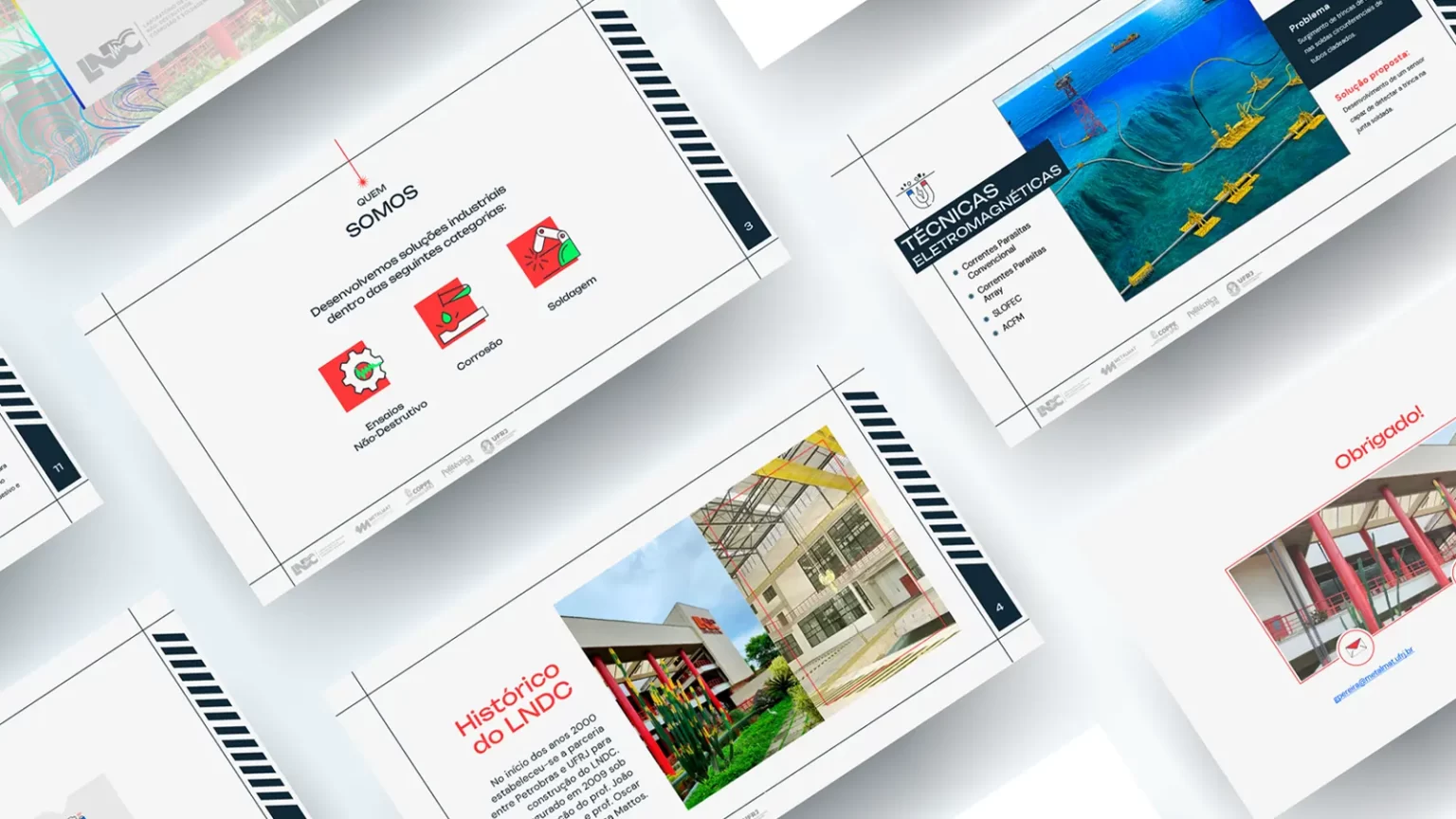 Images of slides arranged side by side, with off-white, navy blue and red elements.