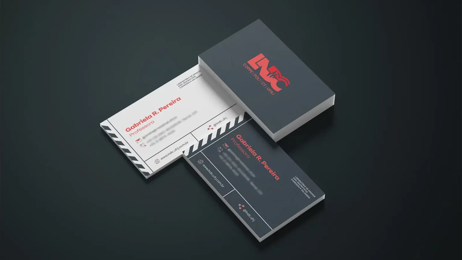 LNDC business cards in two color schemes, one is dark blue with white and red letters, and the other is off-white with dark blue and red letters.