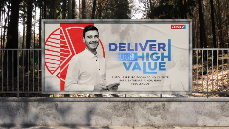 An outdoor mockup for an corporate event called Deliver High Value, with white background, red graphic illustrations and a black and white picture of a smiling young man holding a clipboard.